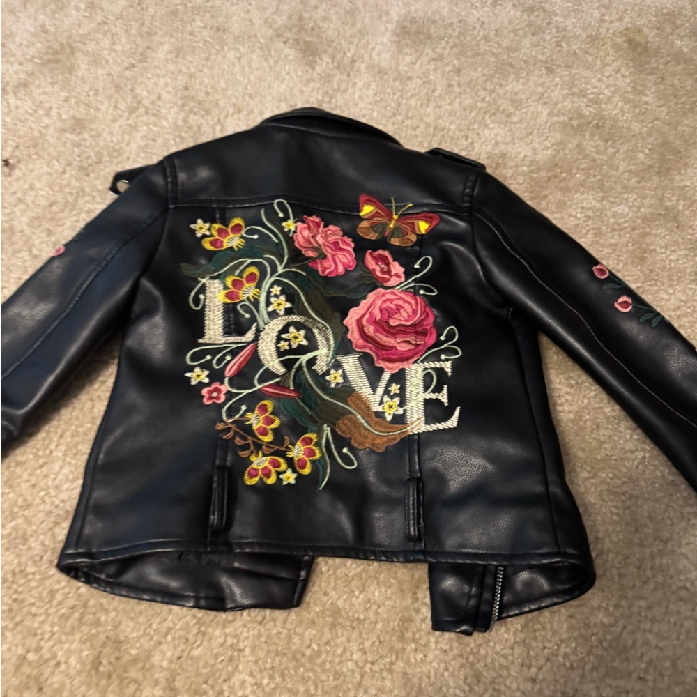 Hannah Banana Girls Size 6 Floral Embroidered Black Leather Jacket